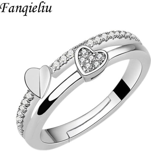 Fanqieliu Double Layer Heart Charms Wedding Bands Jewelry Fashion Crystal Real Sterling 925 Silver Ring For Women FQL20439