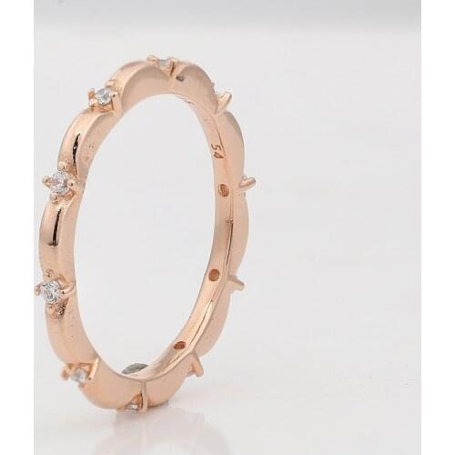 Authentic S925 Flower Petal Band Ring For Women Wedding Party fit Lady Fine Jewelry Rose & Clear CZ