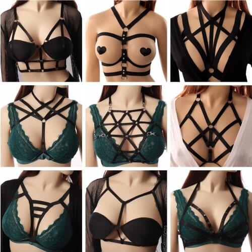 Goth Womens Fashion Sexy Body Harness Bondage Lingerie Black Elastic Adjust Size Strappy Tops Open Cage Chest Corset Fetish