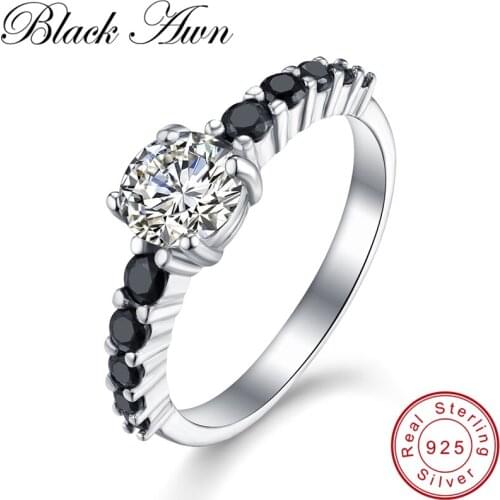 [BLACK AWN] Row Black Stone 2.4Gram 925 Sterling Silver Jewelry Women Engagement Rings Girl Gift Party C349