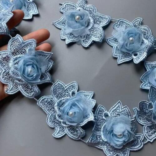 1 Yard Blue 7 X 6.5cm Rose Pearl Beaded Embroidered Flower Lace Ribbon Trim Floral Applique Patches Fabric Sewing Craft Vintage