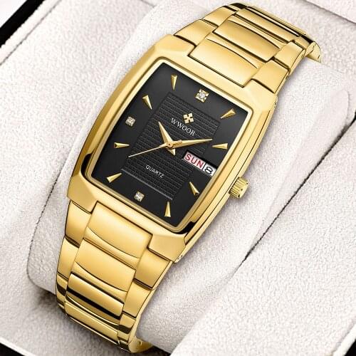 2021 WWOOR New Fashion Square Men Watches Top Brand Luxury Gold Black Quartz Casual Waterproof Date Wristwatch Relogio Masculino
