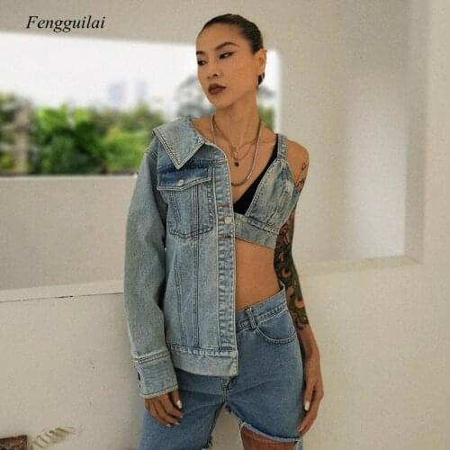 Patchwork Asymmetrical Denim Coat Women Long Sleeve Off Shoulder V Neck Sexy Denim Tops Female Fashion 2021 Autumn