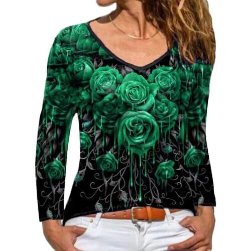 Rose Printed Women Blouse Shirt Fashion Vintage Sexy V-Neck Short Sleeve Pullover Top 2021 Summer Lady Casual Shirts Femme Blusa