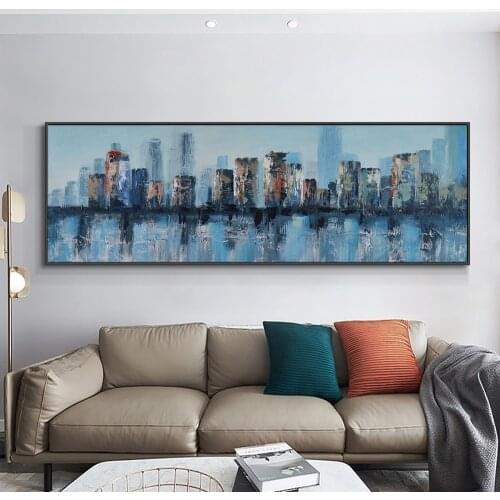 Large Size Blue Painting 100% Hand Painted Abstract Building Oil Painting On Canvas Modern Wall Art Painting For Home Decoration