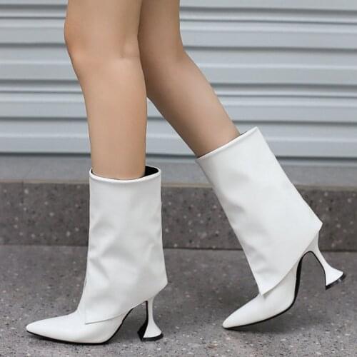 Black White Fashion Front Split Style Women Calf Boots Pointed Toe Profiled Heel Women Western Boots Sexy Winter Womens Boots