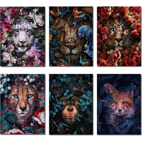 Nordic Flower Animal Painting Lion Tiger Leopard Monkey Pictures Wall Art Cuadro Decorative Dropshipping Canvas Posters Prints