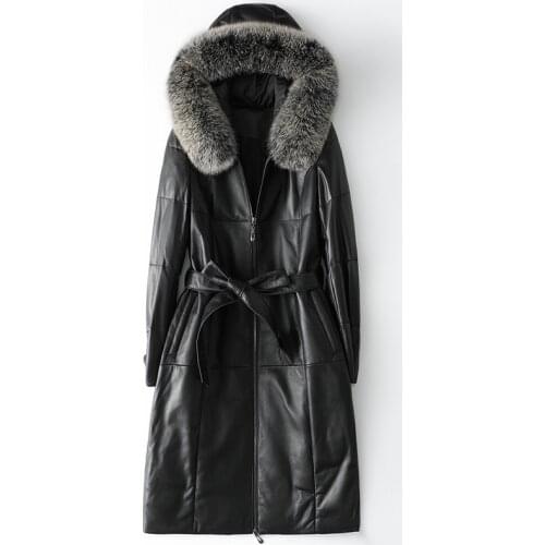 Fox Collar Leather Down Jacket Thick Warm Womens Autumn Winter Sheepskin Coat Slim Long Black Clothes with Belt High Quality