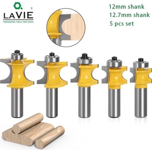 LAVIE 5 PCS 12mm 1/2 Shank Bullnose Half Round Bit with Bearing Endmill Bits for Wood Woodworking Tool Milling Cutter MC03009