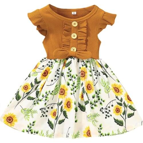Toddler Girl Summer Dress, 2021 New Fashion Fly Sleeve Bow Front Dress Rib Knit Tops Floral Girls Casual Dresses