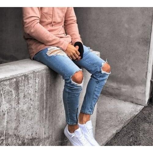 Fashion Men Jeans Hole Denim Pants Foot Zipper Fashion Denim Mens Trousers Casual Skinny Jeans Men Plus Size Men Clothing