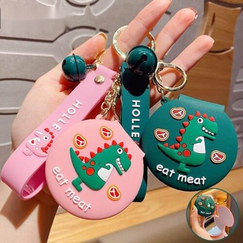Cartoon PVC Dinosaur Keychain Green Pink Mini Portable Mirror Pendant Cute Bag Car Key Ring Men Women Couple Jewelry Lanyard