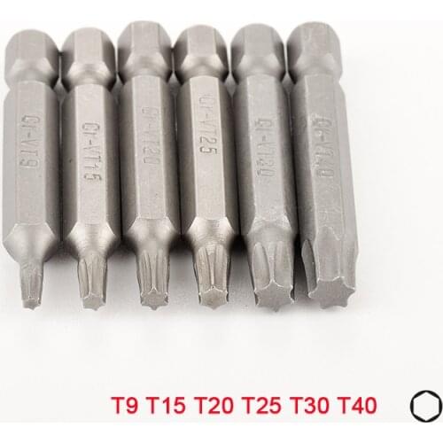 6pcs T9-T40 50mm Long Torx Screwdriver Bit Set Chrome Vanadium Steel 1/4" Hex Shank Screw Driver Bits T9 T15 T20 T25 T30 T40