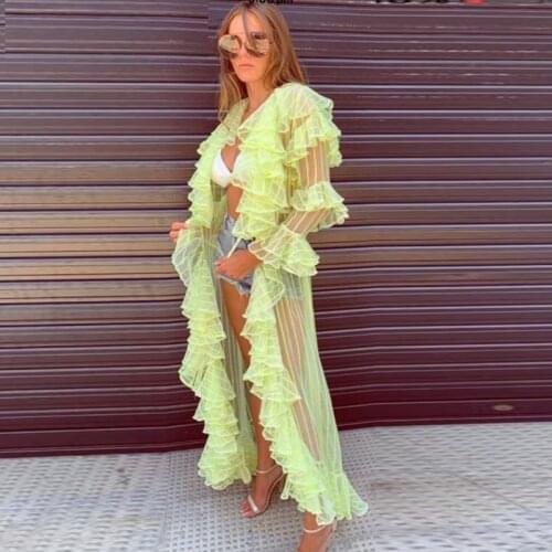 Neon Yellow Robe Long Sleeve Custom Made Tulle Jacket Women Robes Tiered Prom Party Outfit Ins Fashion