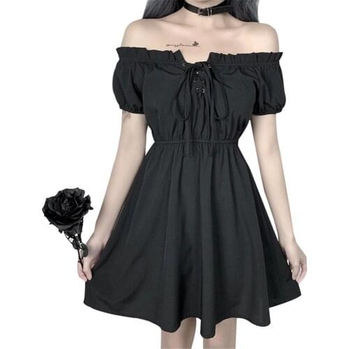 Solid Black Off-Shoulder Sexy Gothic Dresses Female Slash Neck Girls Party Sundress Elegant High Waist Puff Sleeve Mini Dress