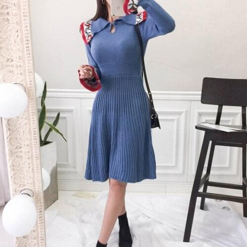 SHTONGHUA Scotland Women Sweater Dress Vintage Autumn Winter Blue Printed Knitted Ruffles Dress Casual Flare Sleeve Dress