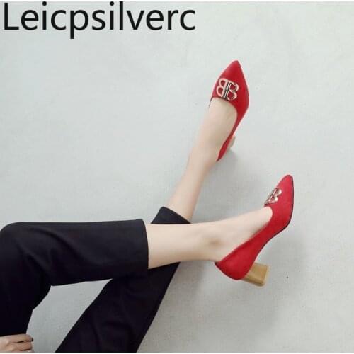 Pumps Spring and autumn new style Flock Pointed Shallow mouth Thick heel mid heel Womens single shoe plus size 32-46
