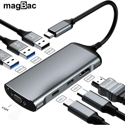 MagBac 8-in-1 USB C Hub C03 VGA 4K HDMI USB 3.0 Dual Monitor USB Hub 2 Tpye C Laptop Docking Station Adapter Type-C USB Hub