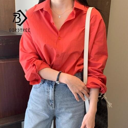 Autumn New Women Vintage Solid Red Cotton Shirt Full Sleeve Turn Down Collar Casual Blouse BF Style Korean Basic Tops T16210F
