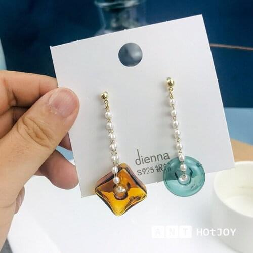 Fashion Geometric Circle Square Dangle Earring for Woman Asymmetry Glass Pearl Chain Earrings Trendy Jewelry