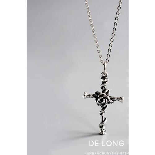 Vintage distressed rose cross necklace s925 sterling silver personality trend female clavicle chain Korean jewelry