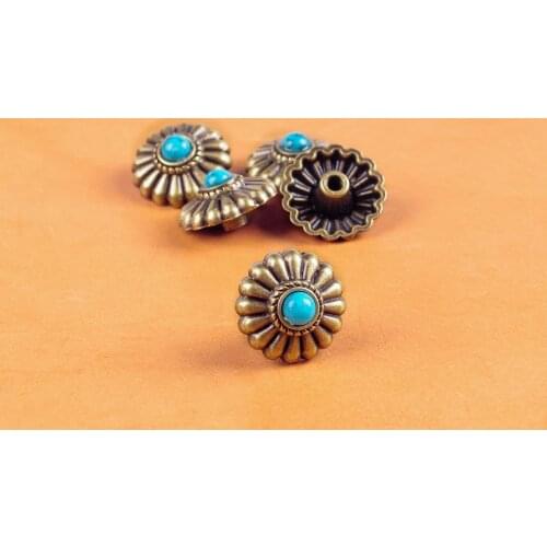 10PC 16MM FLORAL WESTERN TURQUOISE ANTIQUE BRASS SCREW BACK SADDLE DECOR BUTTONS SCREWBACK