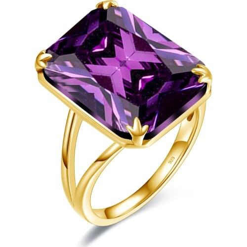 14K Gold Plated Women Amethyst Ring Gemstones Real 925 Sterling Silver Chunky Rings Rectangle Shiny Fashion Jewelry Gift Female