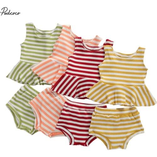2020 Baby Girls 2pcs Outfit Set 4 Colors Summer 3-24M Infant Sleeveless Striped Ruffle Loose Top Shirt Triangle Shaped Shorts