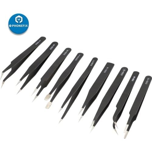9Pcs Anti-static ESD Tweezers Maintenance Tool Stainless Steel Multifunction Precision Curved Straight Tweezers Repair Tools
