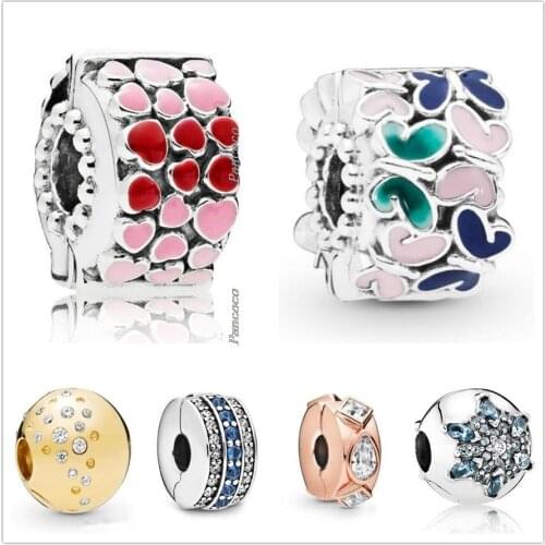 Authentic 925 Sterling Silver Pave Clear & Blue Crystal Clip Stopper Charm Bead Fit Pandora Bracelet & Necklace Jewelry