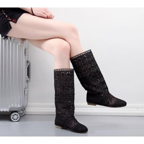 Large size Spring hollow boot autumn shoes fashion mesh red blue high to help summer womens flats boots knee high tube womens
