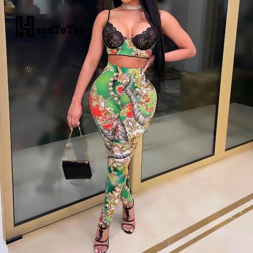 Chain Print Lace Crochet Sexy Fashion 2 Piece Set Women Spaghetti Strap Navel Lingerie Look Slim Two Piece Set Women