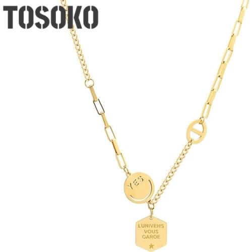 TOSOKO Stainless Steel Jewelry Smiley Face Square Brand Splicing Chain Pig Nose Necklace Female Fashion Clavicle Chain BSP829