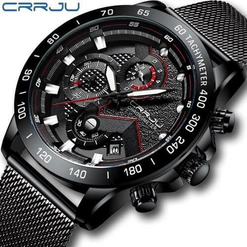 Crrju Black Quartz Men Watch Fashion Military Chronograph Military Mesh Steel Watch Men Business Dress relogio masculino 2280