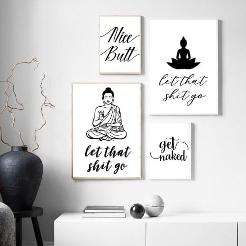 Let That Shit Go Quotes Black And White Lucky Buddha Posters And Prints Wall Art Abstract Canvas Painting Modern Home Decor