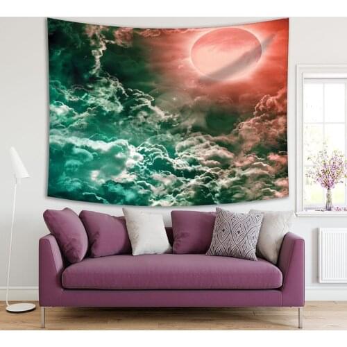 Tapestry Clouds Full Moon over Dark Sky Magical Dramatic Cloudscape Scenery Printed Pink Green Gray