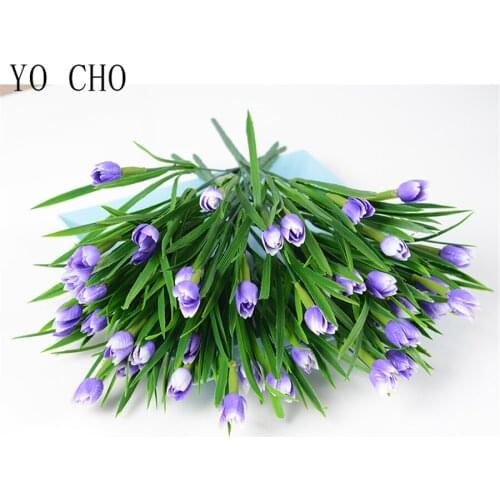 YO CHO Artificial Flowers Small Flowers 7Head Tulip Flower Bouquet Wedding Home Decoration Green Grass Plant Plastic Fake Flower