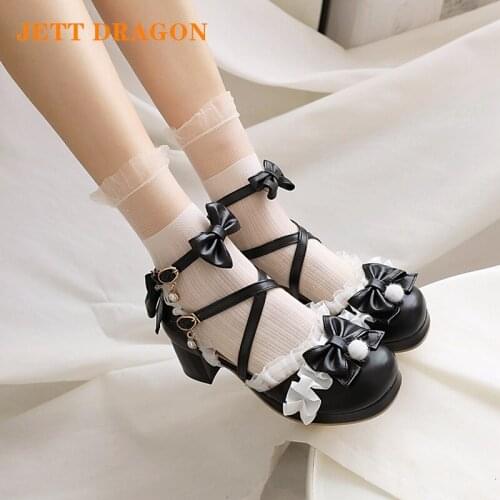 JETT DRAGON Ladies Shoes Waterproof Platform Cute Bow Lace Princess Mary Jane Lolita Square Heels Buckle Ladies Shallow Shoes 43