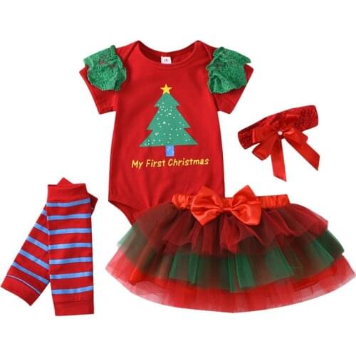 Xmas Newborn Baby Girls Clothes Sets 4pcs Christmas tree Print Romper Tops Lace Tutu Skirts Headband Leg Warmers