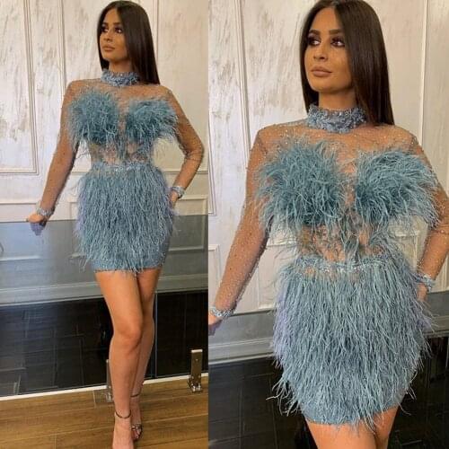 High Neck Short Prom Dresses Feather Illusion Major Beading Crystal Evening Dress Long Sleeve Formal Party Gowns Club Wear
