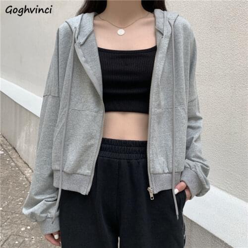 Autumn Casual Hoodies Women Fashion Solid Long Sleeve Outerwear Hooded Loose Tops Female Pockets Zipper Ins Fashion Short-style