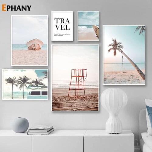 Pink Aegean Sea Beach Wall Art Canvas Painting Nordic Palm Tree Posters and Prints Picture for Living Room Modern Home Decor