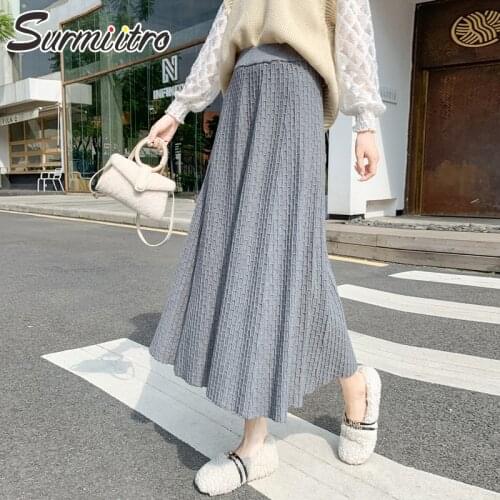 SURMIITRO 2021 Fashion Autumn Winter Knitted Midi Long Pleated Skirt Women Korean Style Mid-Length High Waist Skirt Female