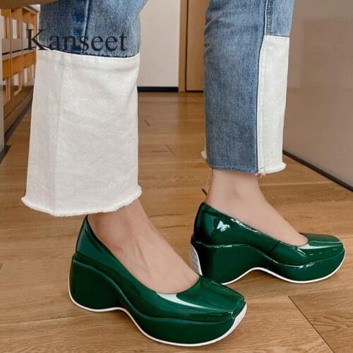 Kanseet Patent Leather 2021 Spring Autumn Wedges Womens Shoes Square Toe Platform High Heels Shoes Party Wedding Prom Women Red