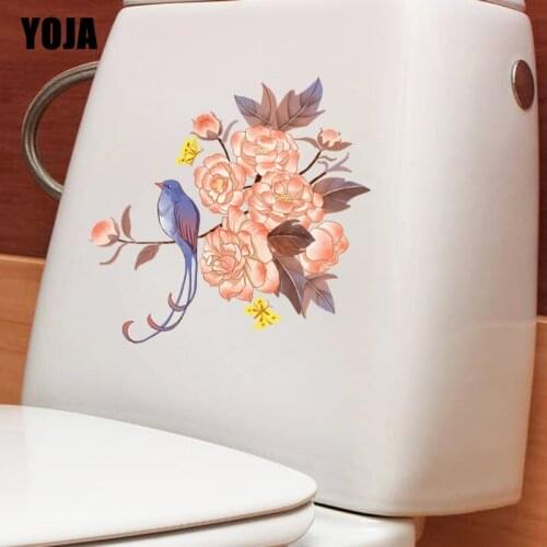 YOJA 17.9X22.8CM Cartoon Toilet Decal Home Decor Wall Sticker Animal Pattern Birds On Flowers T3-1205