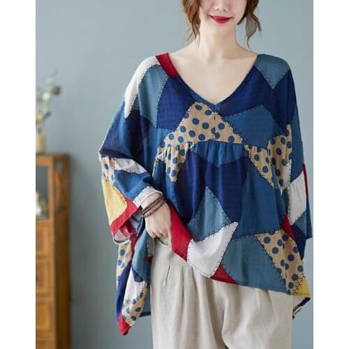 Oversized Women Cotton Linen Casual T-shirts New Arrival 2021 Vintage Style V-neck Geometric Print Loose Female Tops Tees B488