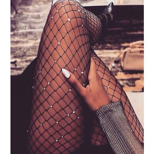 Women ladies fashion sexy Crystal Rhinestone big Fishnet hollow out Elastic Stockings Tights