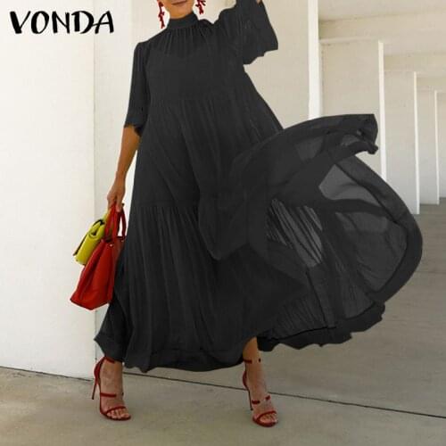 Women See Through Dress 2021 VONDA Sexy Short Sleeve High Neck Lace Evening Party Dress And Slip Dress Two-piece Robe