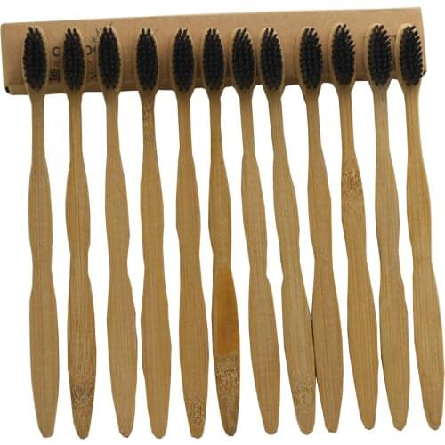 12 Pieces Black Bamboo Toothbrush Wood toothbrush Novelty Bamboo soft-bristle Capitellum Bamboo Fibre Wooden Handle