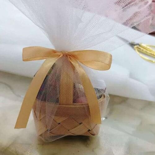 6pcs Rattan Storage Basket Candy Pouches bags With net yarn and red bow For Wedding Gift